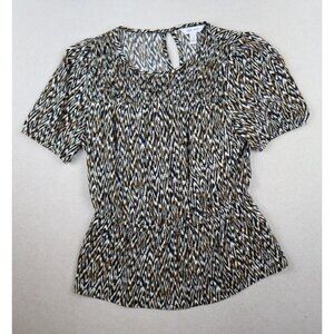 NINE WEST - WOMEN'S BLACK WHITE GOLD PRINT SHORT SLEEVE BLOUSE - TOP - SIZE M